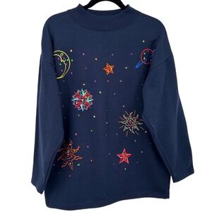 Vintage Celestial Embroidered Mock Funnel Crew Neck Oversized Sweatshirt 90's M